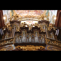 Melk, Benediktinerkloster, Stiftkirche St. Petrus und Paulus, Rckpositiv mit Figurenschmuck