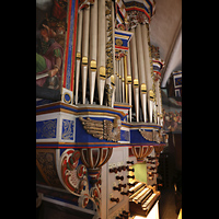 Basedow, Dorfkirche, Spieltisch seitlich und Prospektpfeifen des Oberwerks