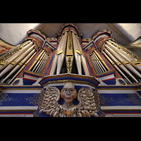 Basedow, Dorfkirche, Oberwerk mit Brillenfigur