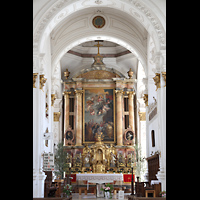 Weilheim i.OB., Stadtpfarrkirche Mari Himmelfahrt, Hochaltar mit Gemlde von  Johann Ulrich Loth (1642)