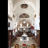 Weilheim i.OB., Stadtpfarrkirche Mari Himmelfahrt, Blick vom Hochaltar zur Orgel