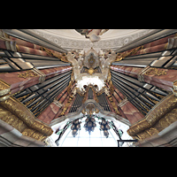 Weingarten, Basilika  St. Martin, Glockenspiel in Weintraubenform ber dem Spieltisch mit Blick nach oben
