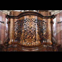 Weingarten, Basilika  St. Martin, Intarsienarbeiten am Spieltisch der Hauptorgel