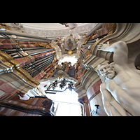 Weingarten, Basilika  St. Martin, Seitlicher Blick ber den Spieltisch und das Glockenspiel nach oben