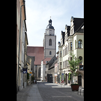Wittenberg, Stadtkirche St. Marien, Blick von der Bürgermeisterstraße auf die Türme der Stadtkirche