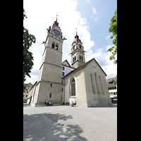 Winterthur, Stadtkirche, Doppeltrme mit Chor, Ansicht von der Oberen Kirchgasse aus