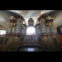 Praha (Prag), Strahov Klter Bazilika Nanebevzet Panny Marie (Klosterkirche), Hauptorgel in der Klosterkirche, Ansicht von der Orgelempore aus