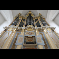 Freiberg, St. Petri (-Nikolai), Silbermann-Orgel mit Spieltisch perspektivisch