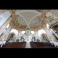 Waldsassen, Dreifaltigkeitskirche (Wallfahrtskirche der Heiligsten Dreifaltigkeit), Innenraum in Richtung Orgel