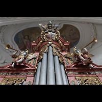 Muri, Klosterkirche, Figurenschmuck auf der Evangelienorgel