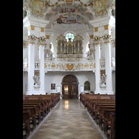 Steingaden, Wieskirche - Wallfahrtskirche zum gegeißelten Heiland, Innenraum in Richtung Orgel