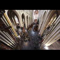 s-Hertogenbosch, Sint Janskathedraal, Blick von der Orgelempore entlang der Pfeifen des Rckpositivs in die Kirche