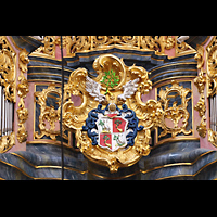 Wroclaw (Breslau), Bazylika sw. Elzbiety (St. Elisabeth), Wappen in der Mittelkartusche der Brstung zwischen Rckpositivgehusen