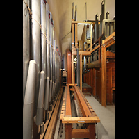 San Diego, Balboa Park, Spreckels Organ Pavilion (Freiluftorgel), Linker unterer Teil der Orgel mit Glockenspiel u. Open Diapason u. Great-Pfeifen u. Gross Flute (re)
