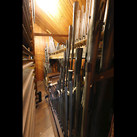 San Diego, Balboa Park, Spreckels Organ Pavilion (Freiluftorgel), Pfeifen im Choir: Clarinet (vorn), Geigen Celeste, French Horn, Violina Cel. 4' (oben)